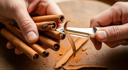 Hands preparing aromatic cinnamon sticks using a knife on wooden surface