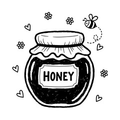 Hand Drawn Honey Jar with Bee, Hearts, and Flowers Doodle Illustration