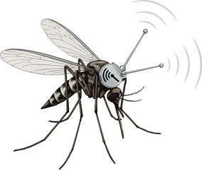 Illustration of a mosquito with antenna and sound waves concept for surveillance and monitoring isolated on white background