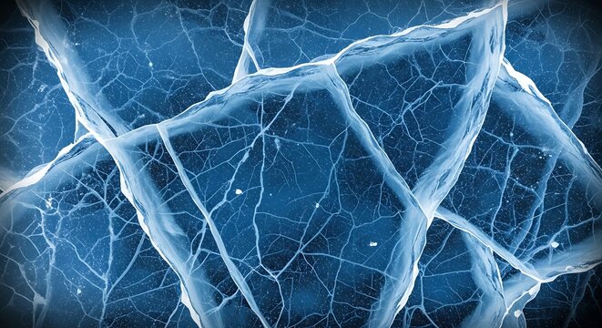 Close-up of intricate cracks on a cold blue ice surface texture