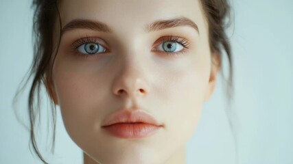 A woman with clear skin and light brown eyes, showcasing the beauty of her natural features.