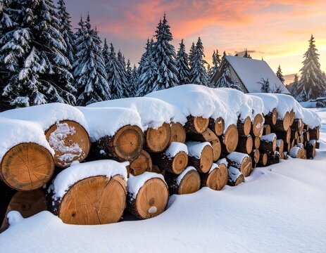 Snow Covered Logs Winter Landscape