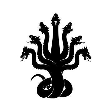 A black silhouette of a mythical multi-headed serpent creature, resembling a Hydra, with seven heads and a coiled body on a white background.