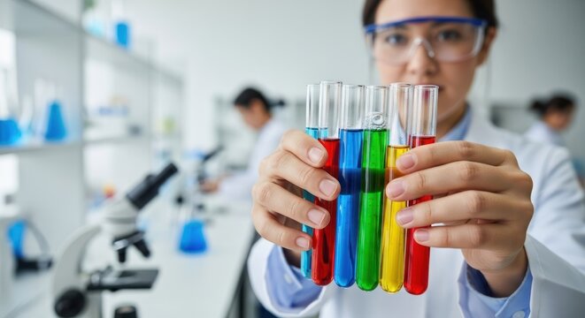 A scientist holding test tubes with colorful liquids in a laboratory.