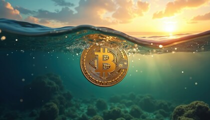 Golden bitcoin floats underwater near coral reef at sunset. Ocean waves and calm sea reflect warm sun rays. Crypto currency concept art, digital coin in water.