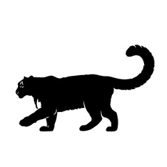 Obraz premium Black silhouette of a saber-toothed tiger walking, depicted in profile against a white background.