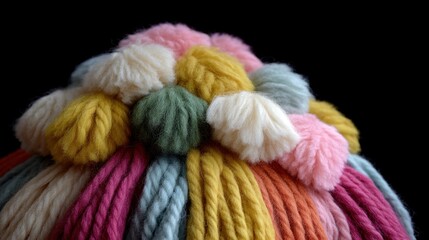 Colorful Yarn Pom Poms and Textured Wool Strands Arranged in Creative Pattern Against Solid Black Background for Crafting and Textile Projects