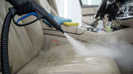Cleaning beige leather car seats with a hot steam cleaner nozzle to remove stains and bacteria