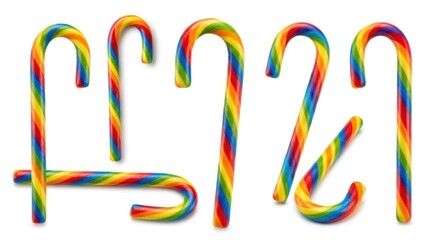 A set of colorful candy canes against a white background.