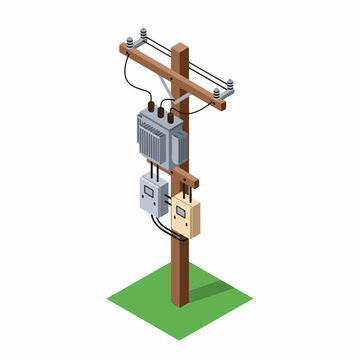 Distribution pole with mounted transformer and electrical boxes