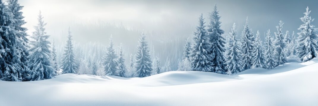 Tranquil Winter Wonderland A Serene Snowy Landscape with Evergreen Trees and Gentle Snowfall.