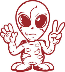 Playful Red Alien Cartoon with Peace Gesture