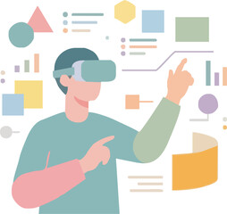 Modern professional using VR glasses to analyze business data trends, visualizing future growth in a technology-driven world, innovation and digital transformation