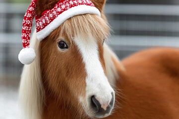 Charming chestnut miniature horse smiles sweetly adorned with a festive red Santa hat in winter