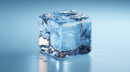 transparent ice cube isolated on sky blue background