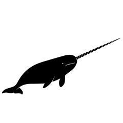 A black silhouette of a narwhal with its long, spiraled tusk swimming in profile against a white background. © Maulana