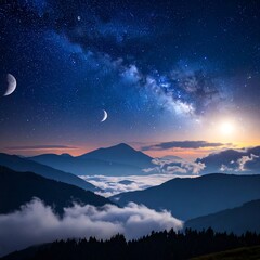 A breathtaking landscape with mountain ranges silhouetted against a starlit, blue-purple sky featuring a glowing celestial body and crescent moons