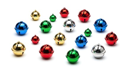 A collection of colorful Christmas bells on a white background.