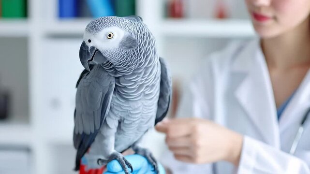 Veterinarian Examines African Grey Parrot - A Health Checkup.