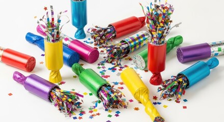 A colorful array of party poppers and streamers on a white background.