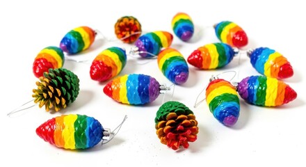 A collection of rainbow-colored pine cones and cones with a white background.