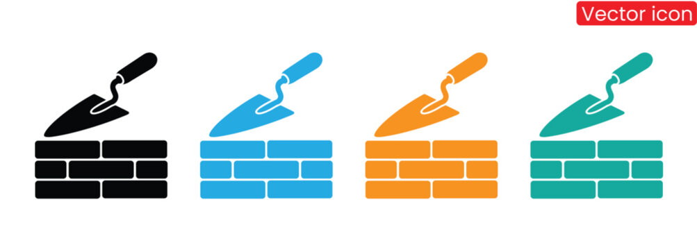 Colorful trowel icons laying bricks for creative construction concept,Trowel and brick wall icon. Symbol of construction or building work.brick wall with trowel construction icon simple vector