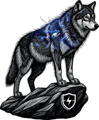 Powerful wolf illustration with lightning effect standing on a rock vector design for logo or emblem