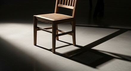 Wooden chair bathed in spotlights contrasting shadows create a dramatic atmosphere showcasing minimalist elegance and