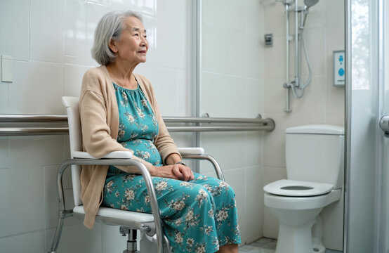 Mature asian woman sits in assistive chair. She rests in bathroom near toilet and shower. Safety handrails ensure ease for disabled senior person in nursing home bathroom.