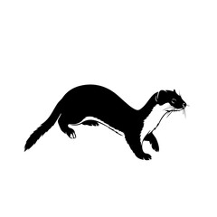 Black and white graphic illustration of a weasel running with its characteristic long body and short legs, depicted in a simple silhouette style.