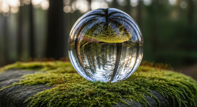 Discover nature's beauty with a lens ball reflecting lush forest in a tranquil and immersive scene