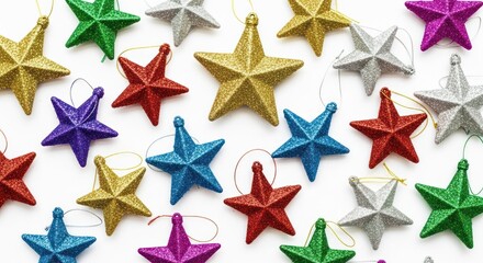 A colorful array of star-shaped ornaments on a white background.