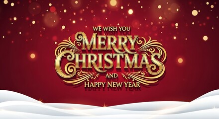 Naklejka premium Elegant merry christmas and happy new year golden text on red background
