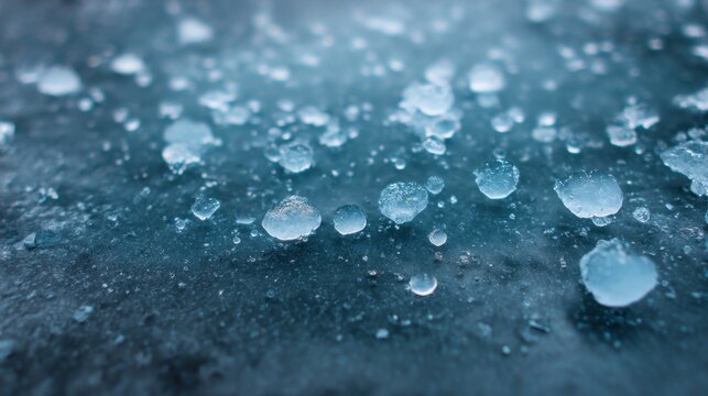 Close-Up of Ice Crystals and Water Droplets on Dark Surface with Soft Focus, Capturing Winter Beauty and Texture in a Serene Atmosphere