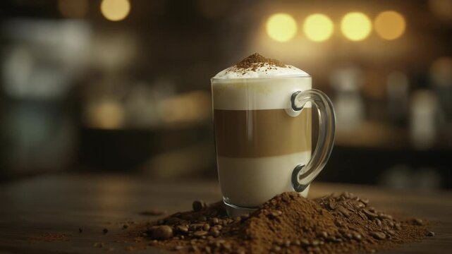 Closeup of a layered coffee latte with foam and chocolate powder on top in a glass mug on a wooden table - Powered by Adobe
