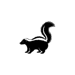 Black and white illustration of a skunk with a bushy tail and a distinctive white stripe on its back, walking in profile.