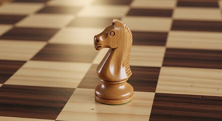 Wooden knight chess piece stands on a checkered board game table
