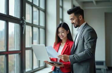 Two smiling business colleagues, an Asian man and woman, review documents on a laptop near a large window. They appear engaged and happy discussing work inside a modern office space.