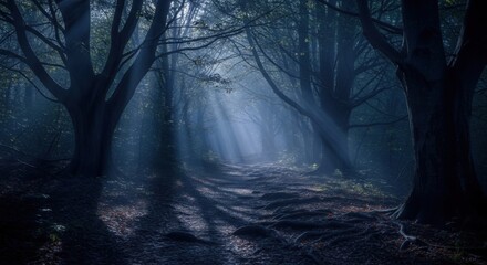 Enchanting forest path with sunbeams cutting through trees perfect for fantasy book covers or mystical campaigns