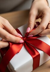 Person meticulously tying a vibrant red ribbon on a pristine white present