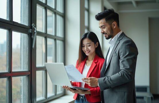 Two smiling business colleagues, an Asian man and woman, review documents on a laptop near a large window. They appear engaged and happy discussing work inside a modern office space. - Powered by Adobe