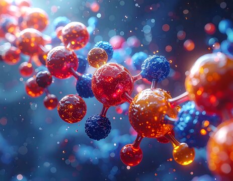 Close-up of glowing molecules in a vibrant blue and orange structure