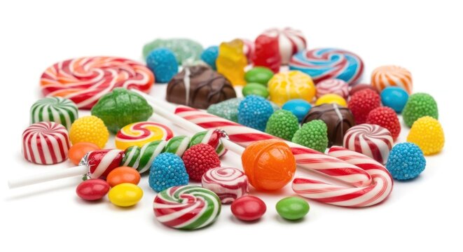 A colorful assortment of candies and lollipops on a white background.