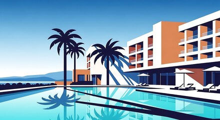 Obraz premium Modern resort illustration with pool, palms, and sleek architecture