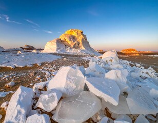 A breathtaking landscape with white rock formations illuminated by the warm glow of the setting sun, creating a dramatic contrast