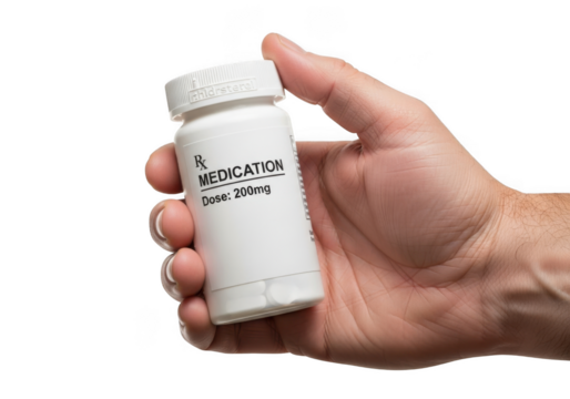 Hand holding white medication bottle with 200mg dose isolated on a transparent background - Powered by Adobe