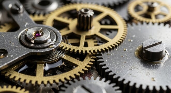 Intricate watch mechanism with golden gears conveying precision engineering and timeless craftsmanship