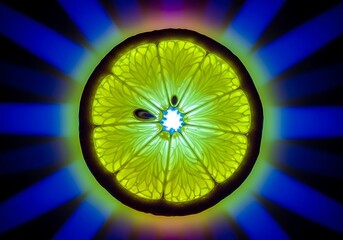 Radiant Citrus Slice Illuminated with Vibrant Light and Energetic Rays