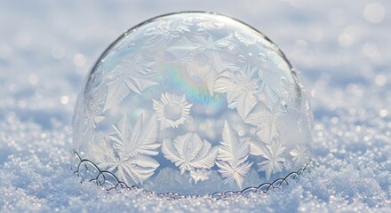 Delicate ice crystal patterns adorn a fragile soap bubble resting on a bed of glistening snow
