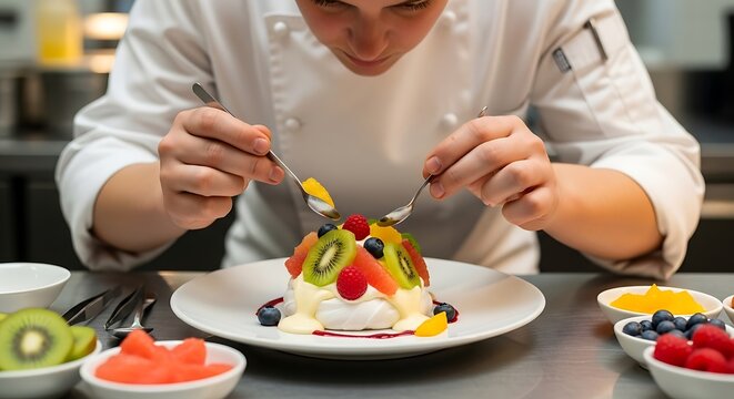 Attentive chef meticulously plating pavlova dessert with seasonal fresh fruits - Powered by Adobe